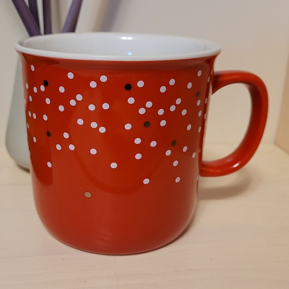 Davidstea rustic mug red with white and silver confetti davids tea polka dots